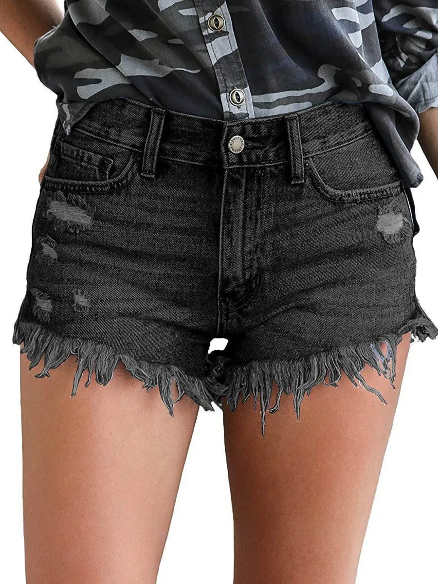 Denim Shorts With Slits And Tassels At The Hem