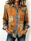Women'S Fall Faith Cross  Printed Lapel Long Sleeved Shirt