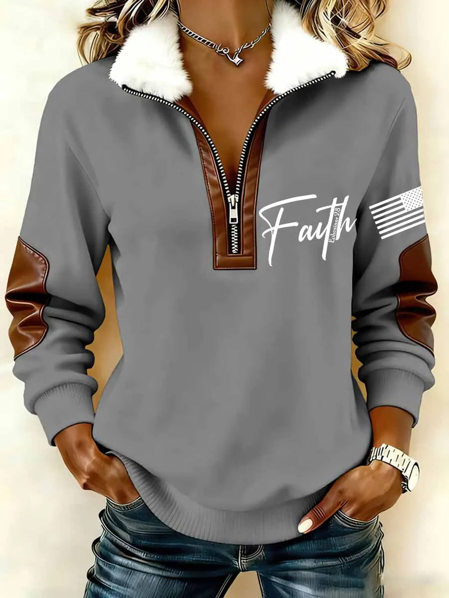 Women`s Faith In USA Print Patchwork Fur Collar Long-Sleeve Sweatshirt