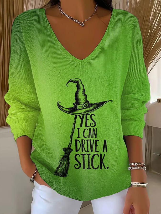 ?Buy 2 Get 10% Off?Women'S Witch "Yes I Can Drive A Stick"  Print Drop Shoulder Sweater