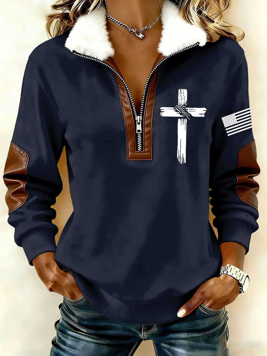 Women`s Cross And US Flag Print Patchwork Fur Collar Long-Sleeve Sweatshirt