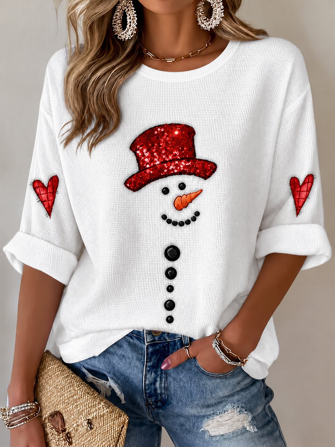 Damen-Waffelstrickoberteil mit Weihnachtsschneemann-Print
