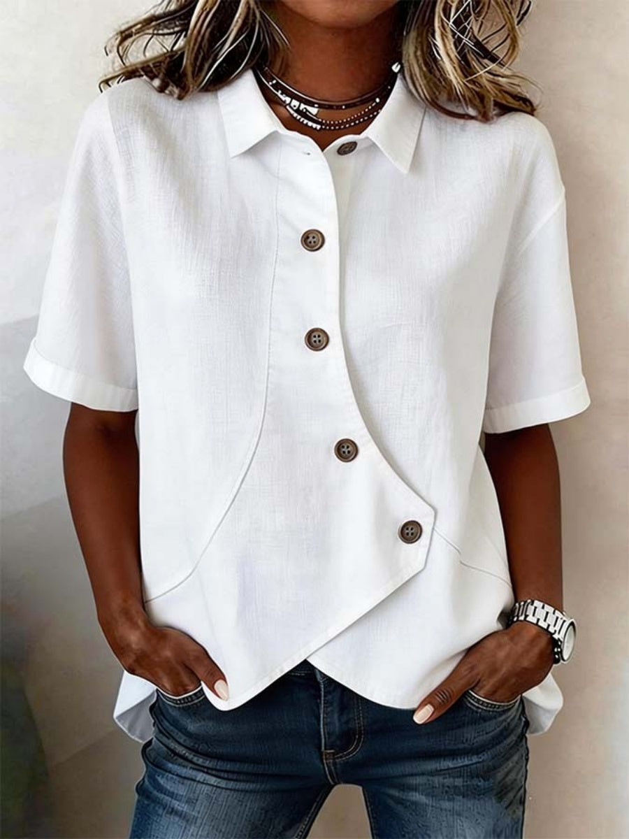 Women's Short-Sleeve Button-Down Cotton-Linen Shirt
