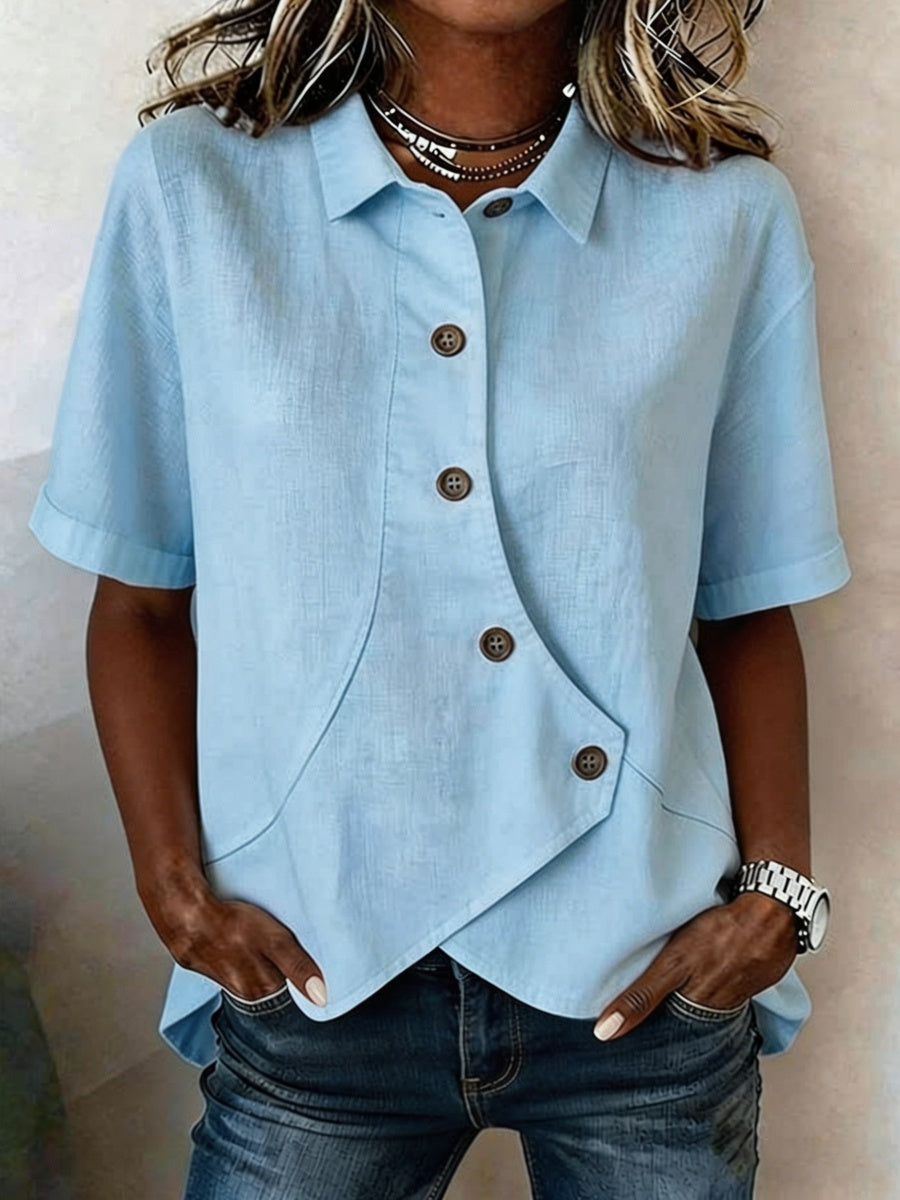 Women's Short-Sleeve Button-Down Cotton-Linen Shirt