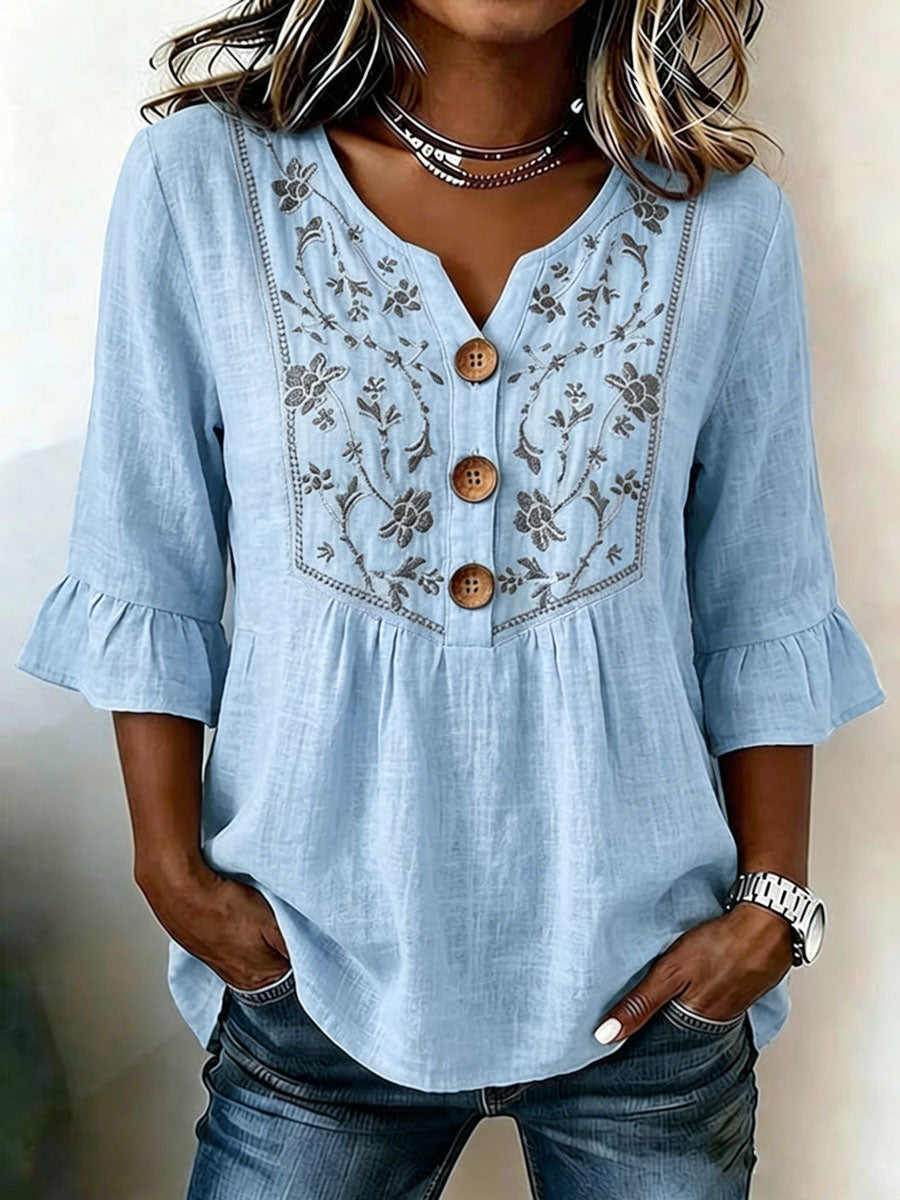 Women'S Casual Floral Print Cotton Linen Top