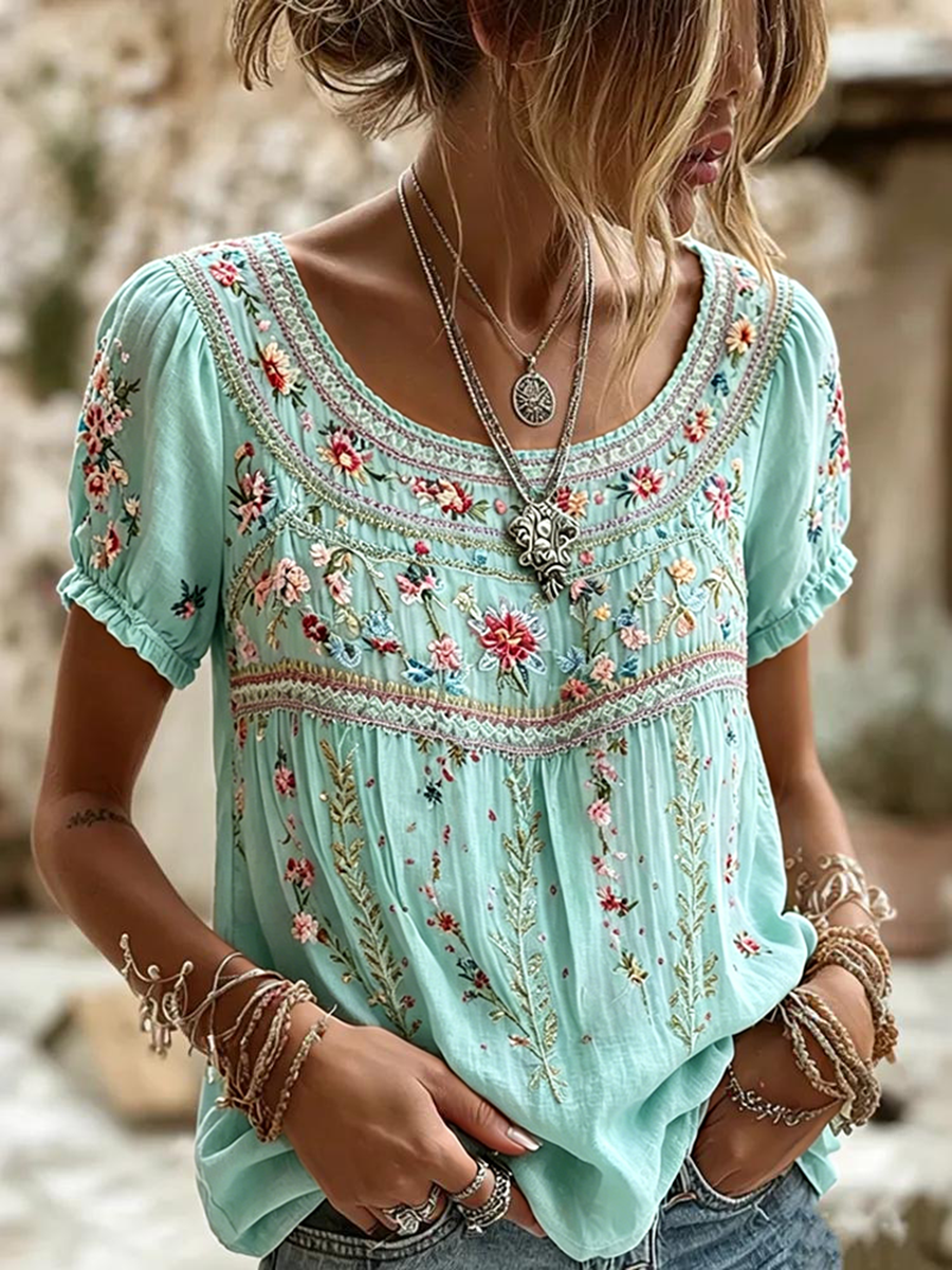 Women's Retro Floral Pattern Casual T-shirt