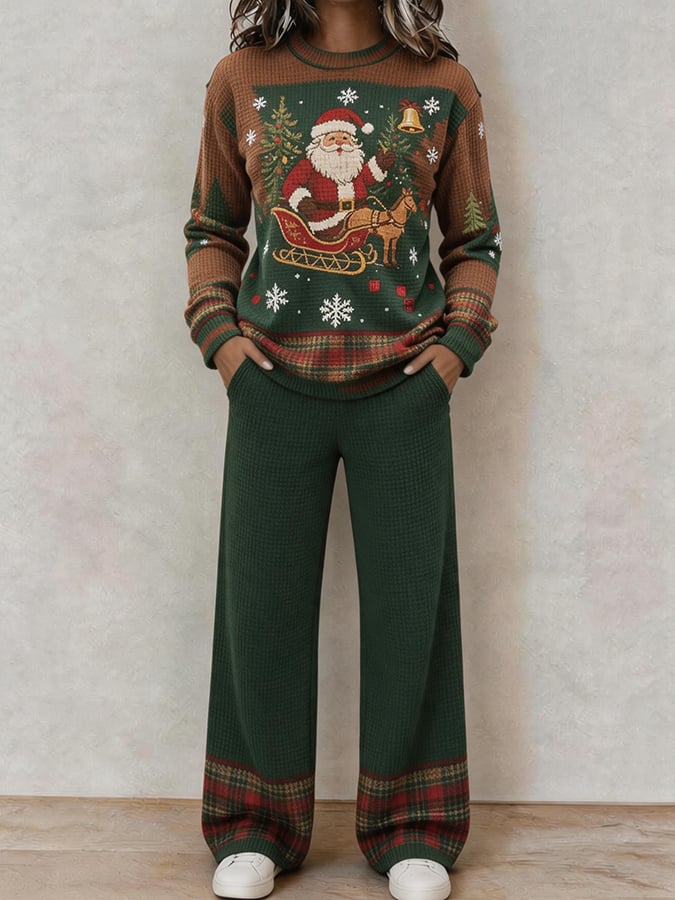 Women's Casual Waffle-Knit Printed Top and Pants Set