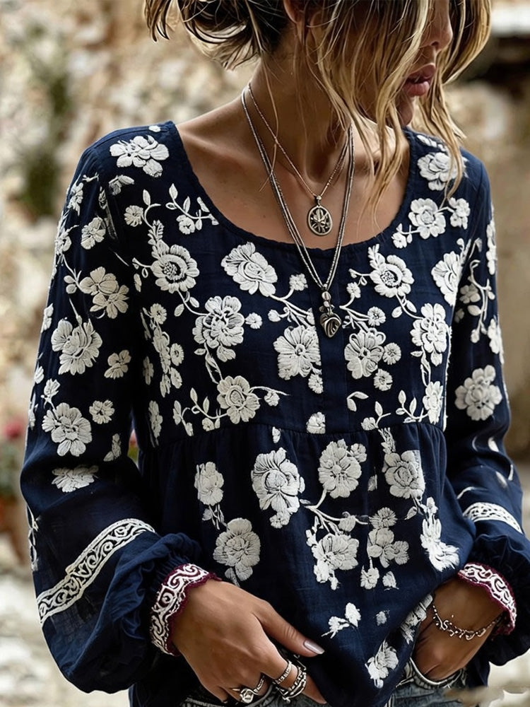 Women's Retro Bohemian Style Plant Embroidered Printed T-shirt