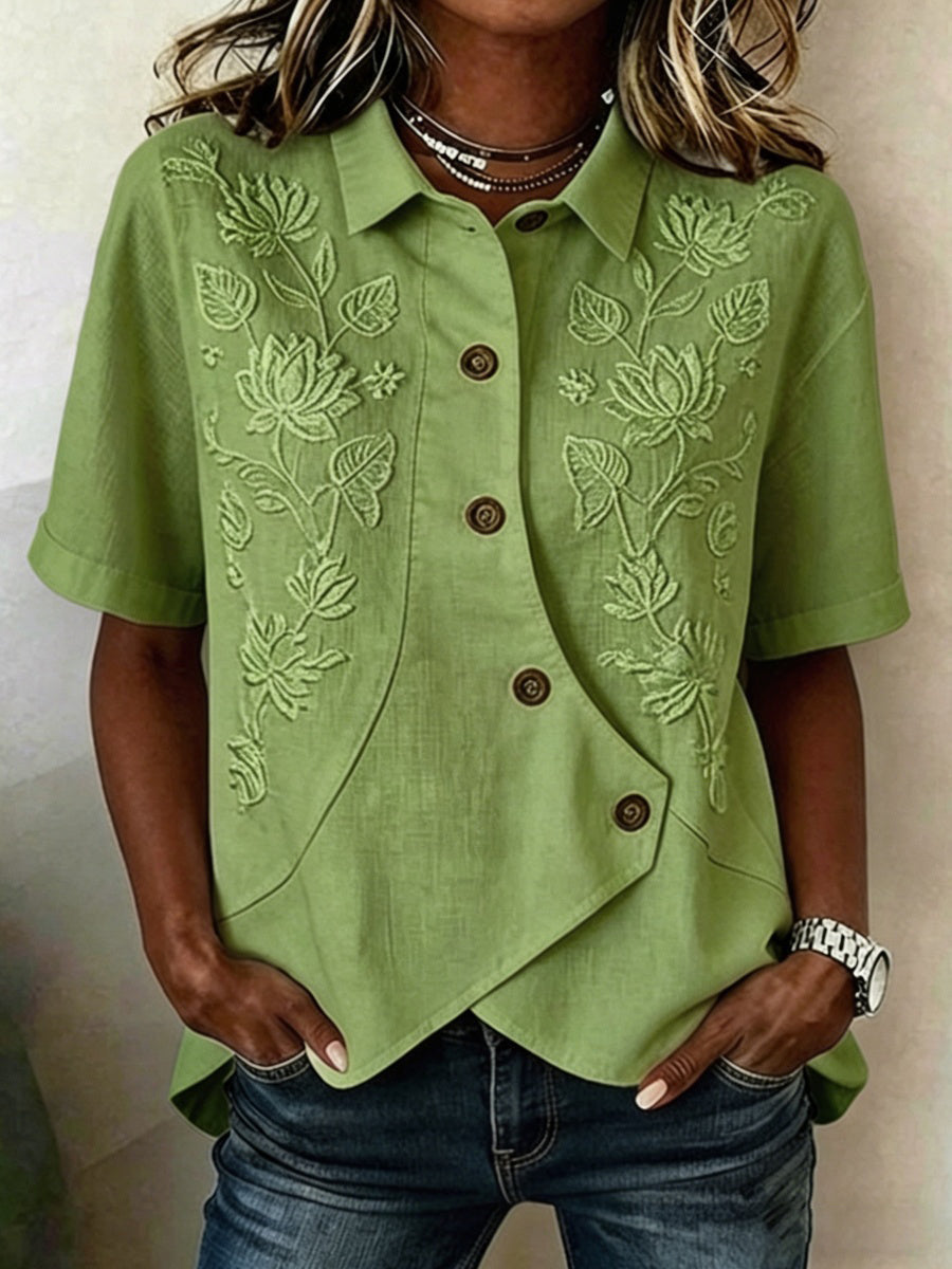 Women's Floral Art Short-Sleeve Linen Shirt