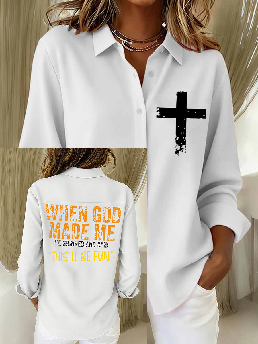 Women's When God Made Me This`s All Be Fun Print Casual Cotton Linen Shirt