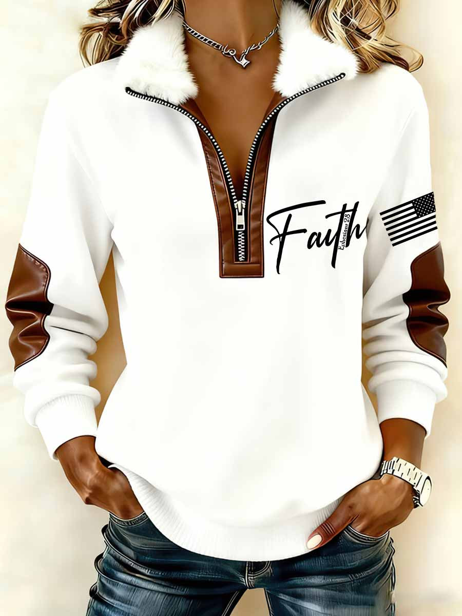 Women`s Faith In USA Print Patchwork Fur Collar Long-Sleeve Sweatshirt