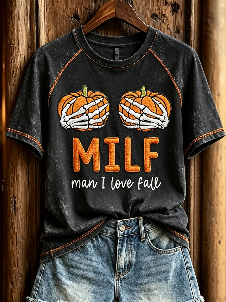 Women's MILF Man I Love Fall Pumpkins Skeleton Print short sleeve T-shirt