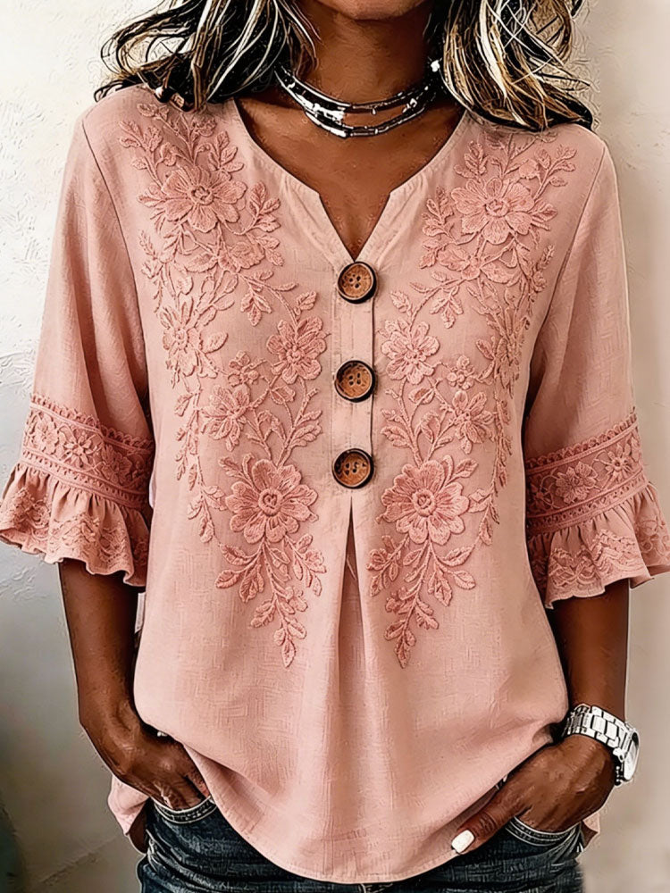 Vintage Floral Embroidery Design Women's Linen Shirt