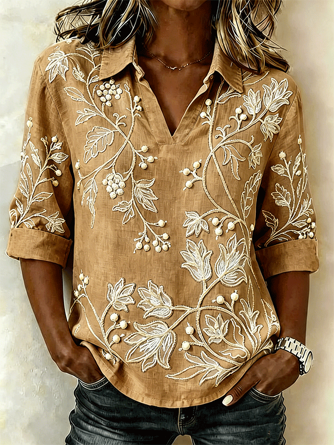 Women's Shawl Collar Half Sleeve Floral Lightweight Loose Shirt