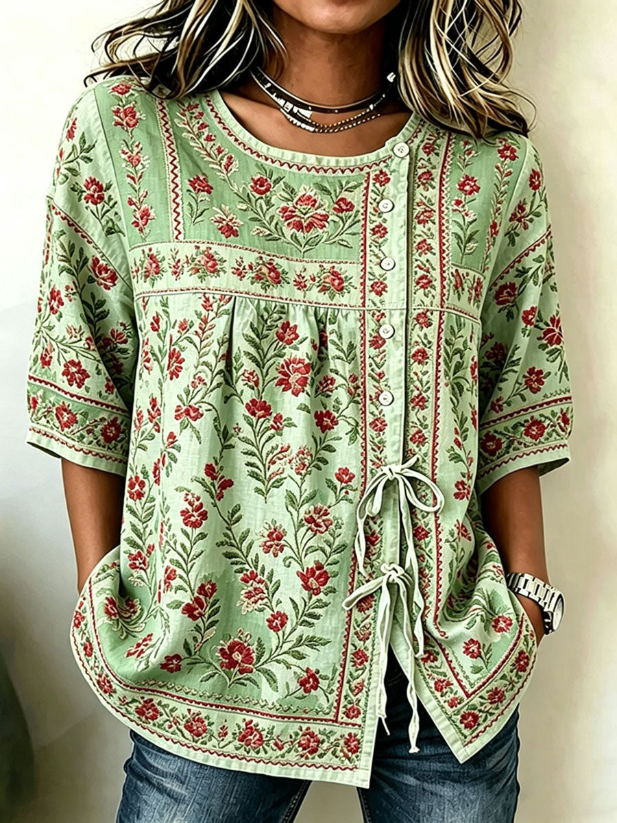 Women'S Cotton And Linen Casual Striped Print Top