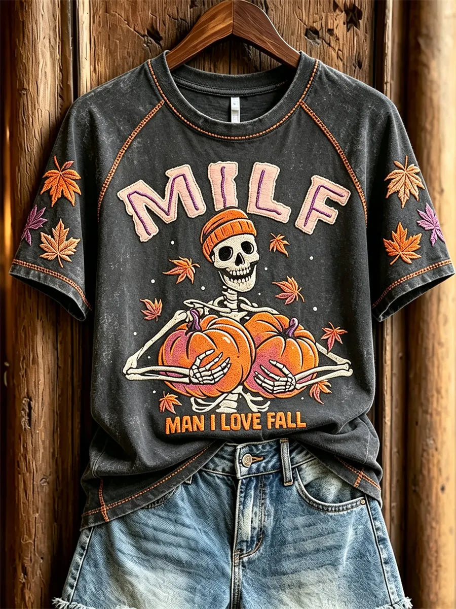 Women's MILF Man I Love Fall Pumpkins & Skeleton Print short sleeve T-shirt