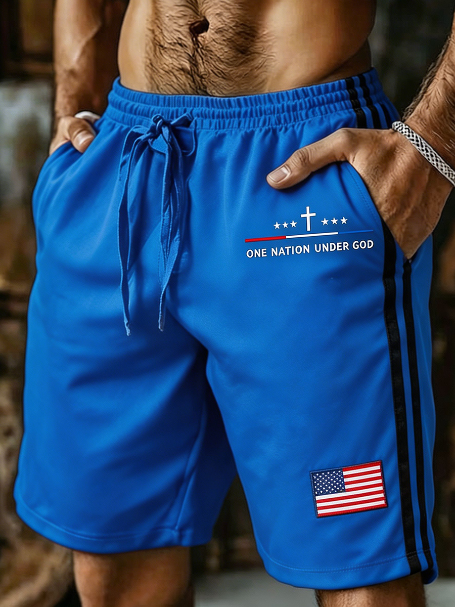 Men's One Nation Under God Cross Star US Flag Patch Striped Drawstring Casual Sports Running Shorts