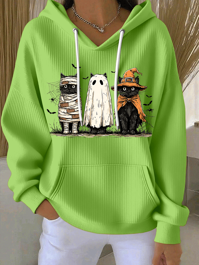 🔥HOT SALE🔥Women's Halloween Cat Print Casual Hooded Sweatshirt