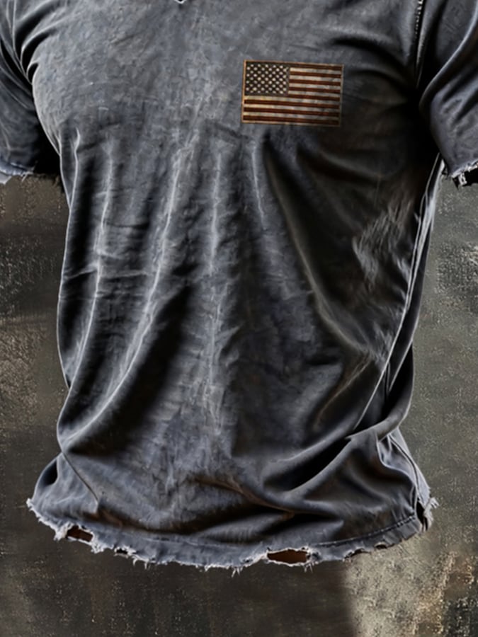 Men'S Vintage "Patriot" Pure Cotton Washed & Distressed V-Neck Short-Sleeve T-Shirt