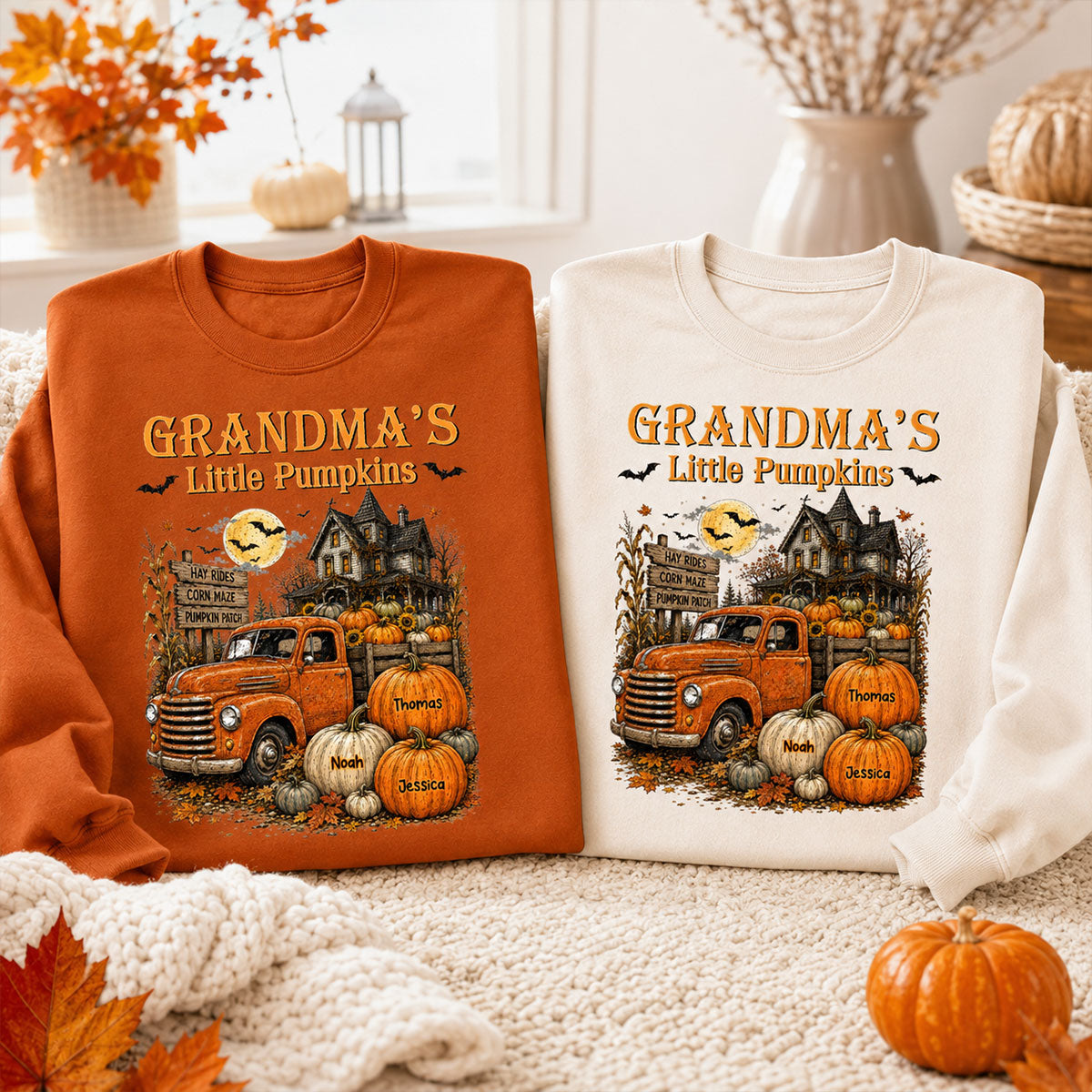 Retro Vintage Farmhouse Halloween Town Style Grandma's Little Pumpkins Truck - Personalized Shirt - Halloween Gift For Grandma