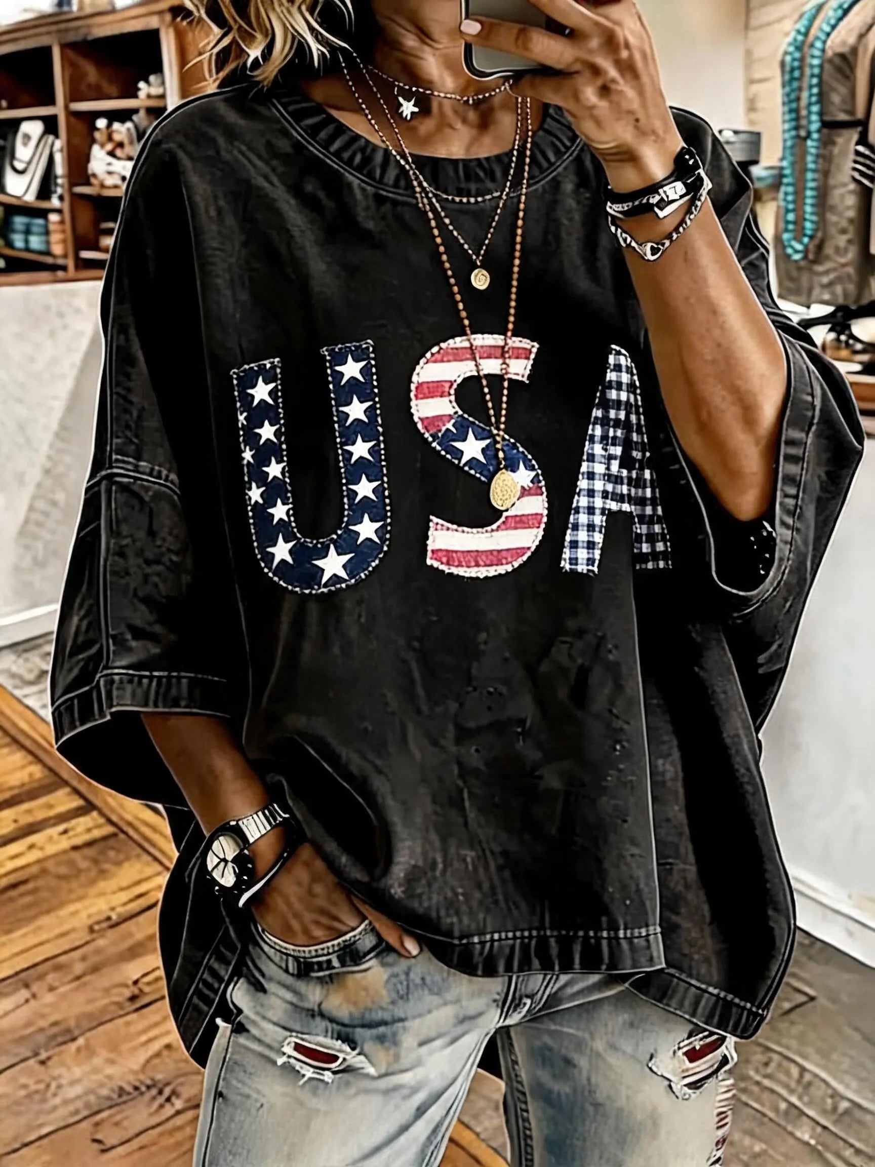 Women's Vintage Distressed Washed USA Printed Oversized T-Shirt