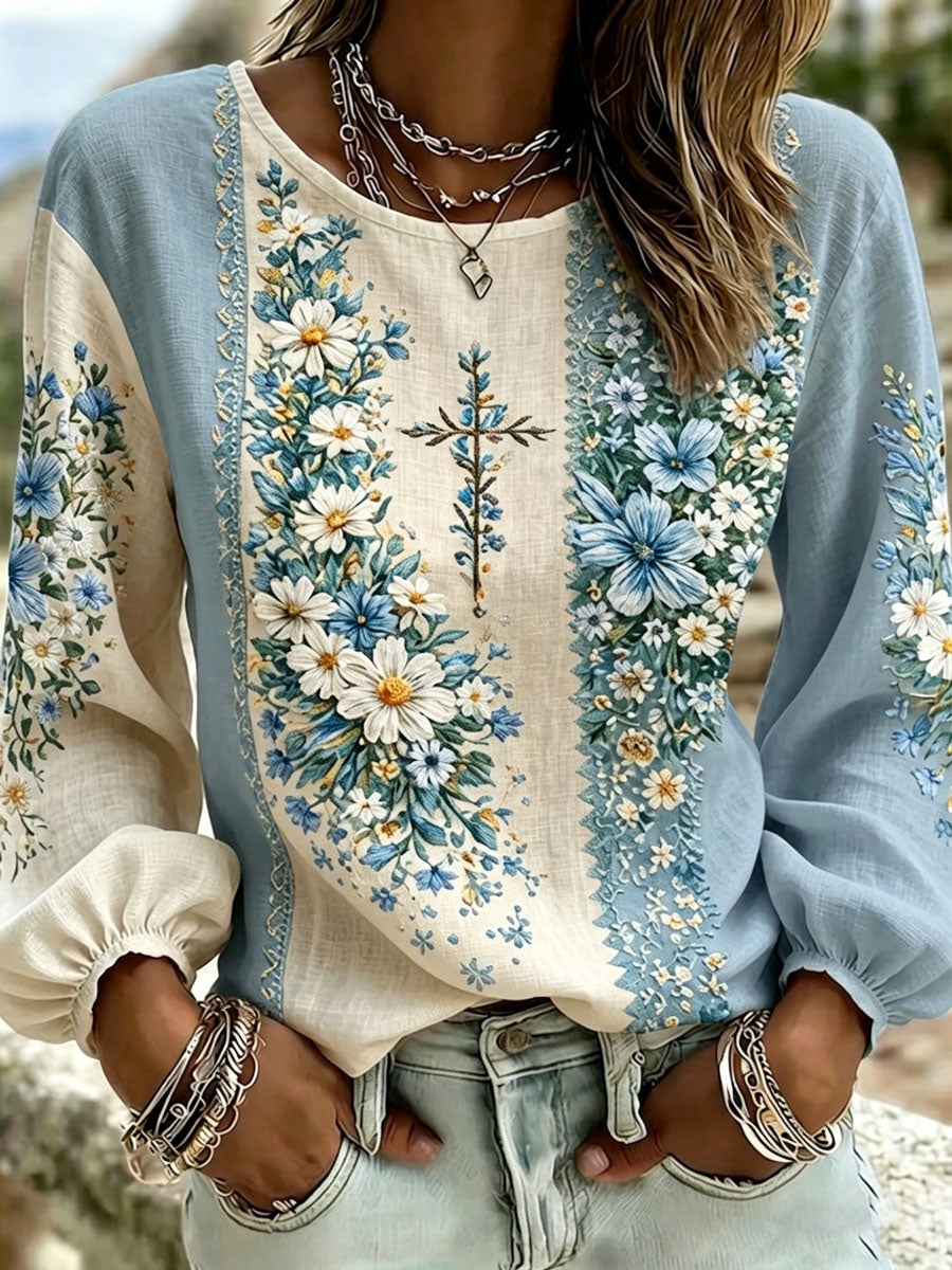 Women'S Casual Floral  Faith Print Cotton Linen Top