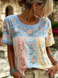 Women's casual floral print cotton and linen round neck top