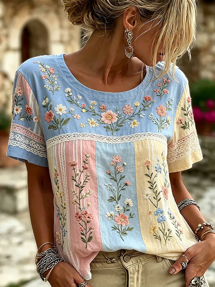 Women's casual floral print cotton and linen round neck top