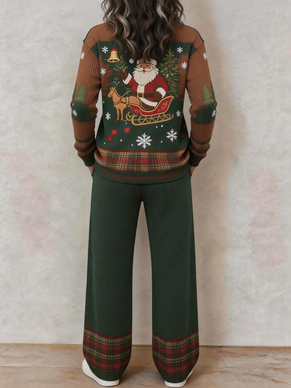 Women's Casual Waffle-Knit Printed Top and Pants Set