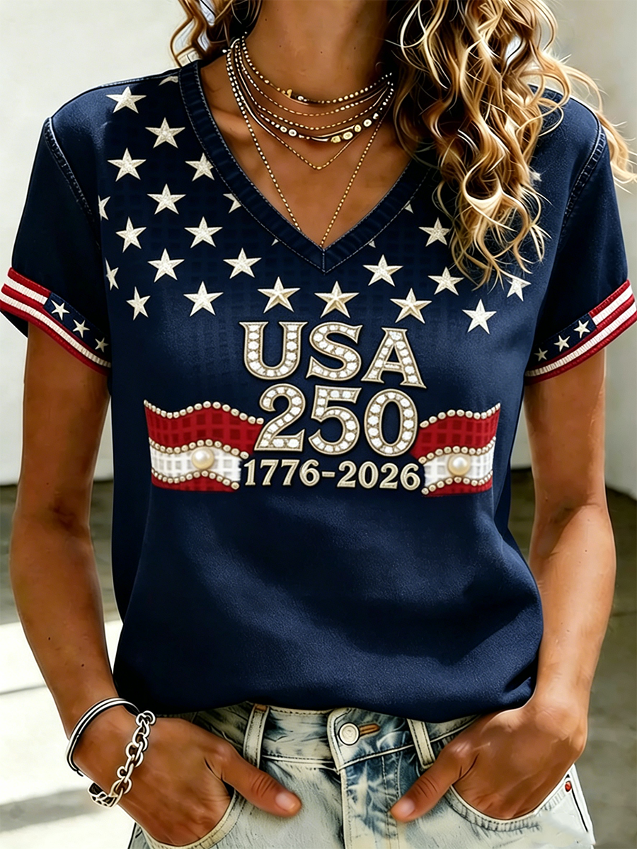 Women's Independence Day 250th Anniversary Printed V-neck T-shirt