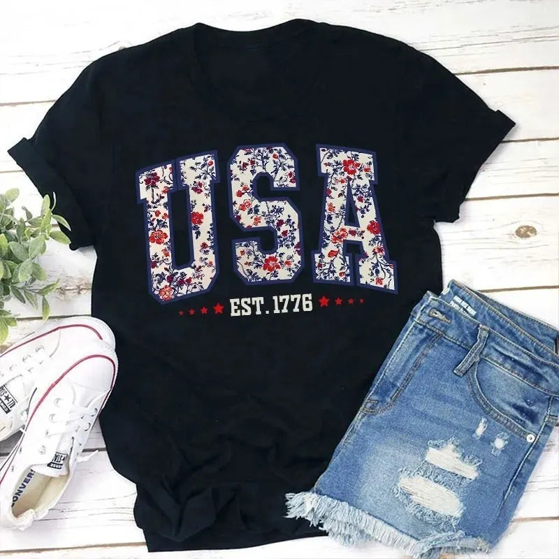 Retro Floral USA Cotton T-Shirt