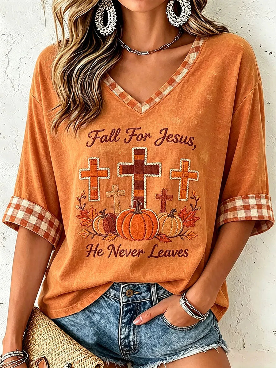 Women's Fall for Jesus He Never Leaves V-Neck Top