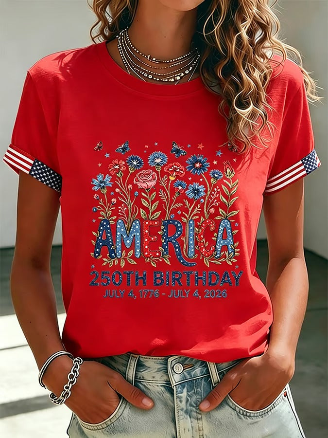 Women's 250 Years Of Freedom Flower Art Print T-shirt