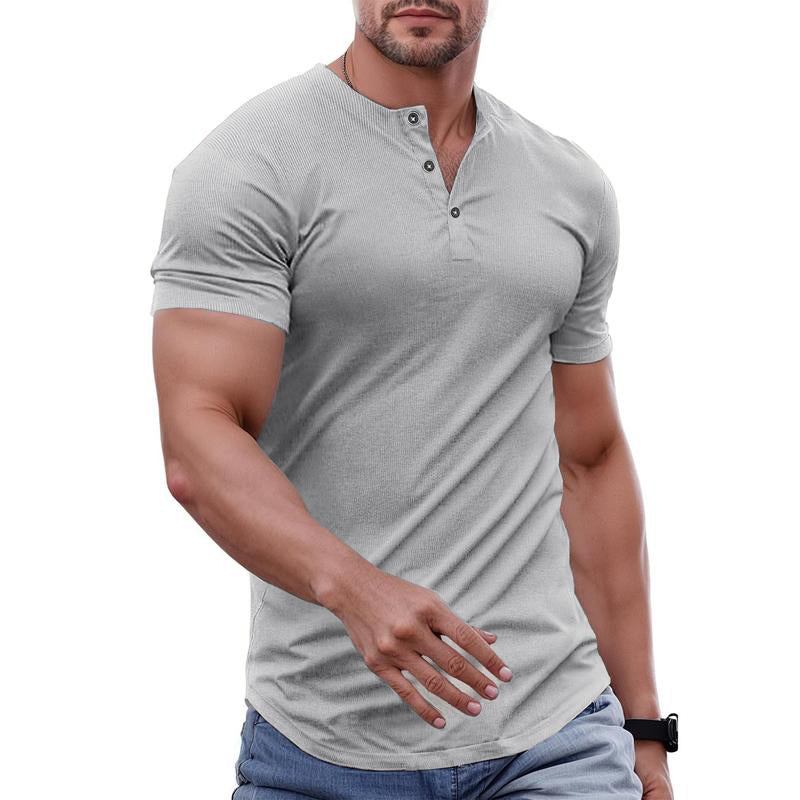 Men's Plain Muscle Slim Fitted Henley Shirts Crewneck T-Shirt