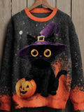 🔥HOT SALE🔥Women's Casual Halloween Witch Black Cat Long Sleeve Top