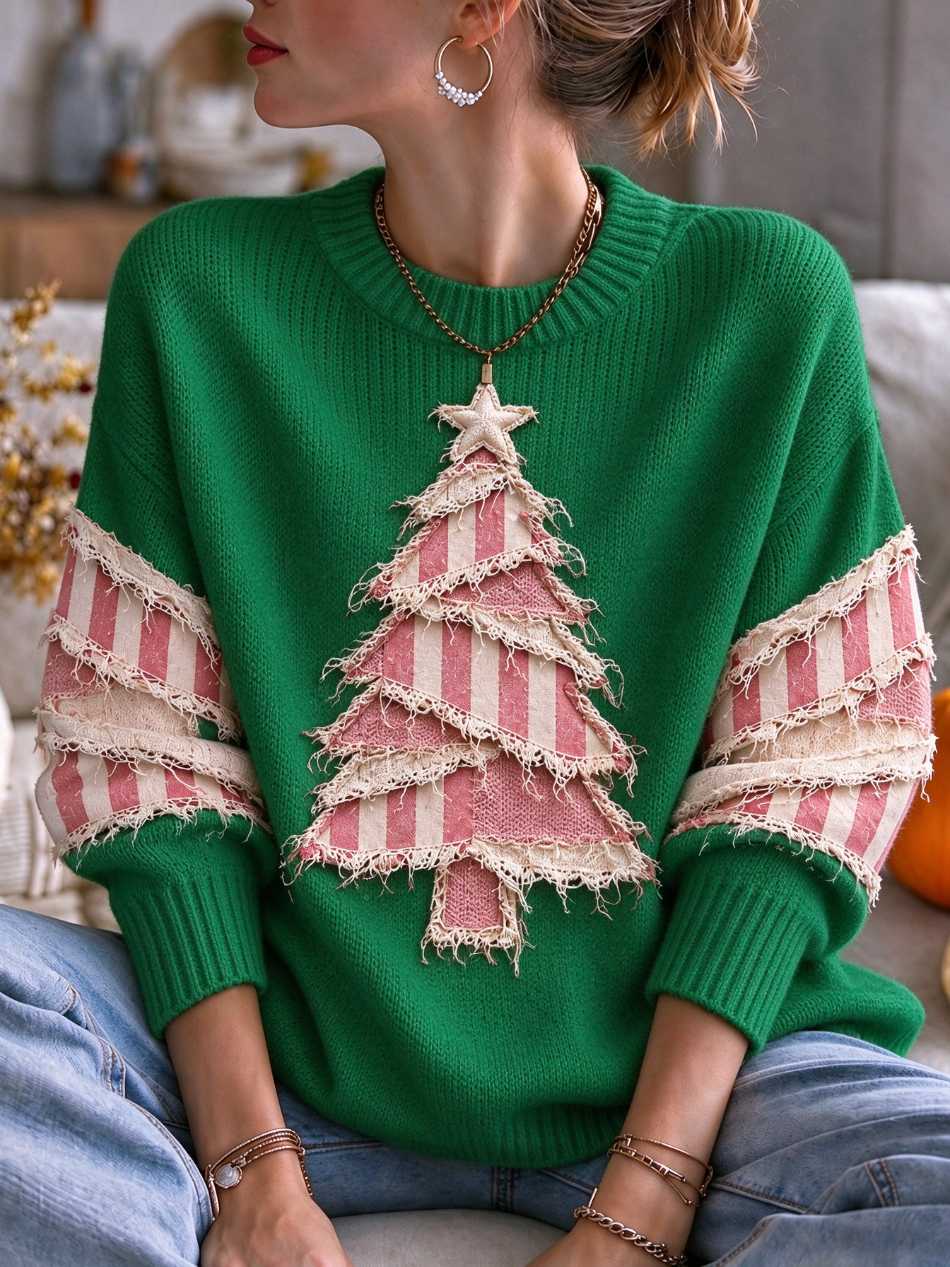 Women Fringe Patchwork Christmas Tree Knit Sweater