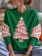 Women Fringe Patchwork Christmas Tree Knit Sweater
