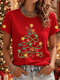 Animal Paw Print Christmas Tree Pattern Women's Comfortable Round Neck Short-Sleeved T-Shirt