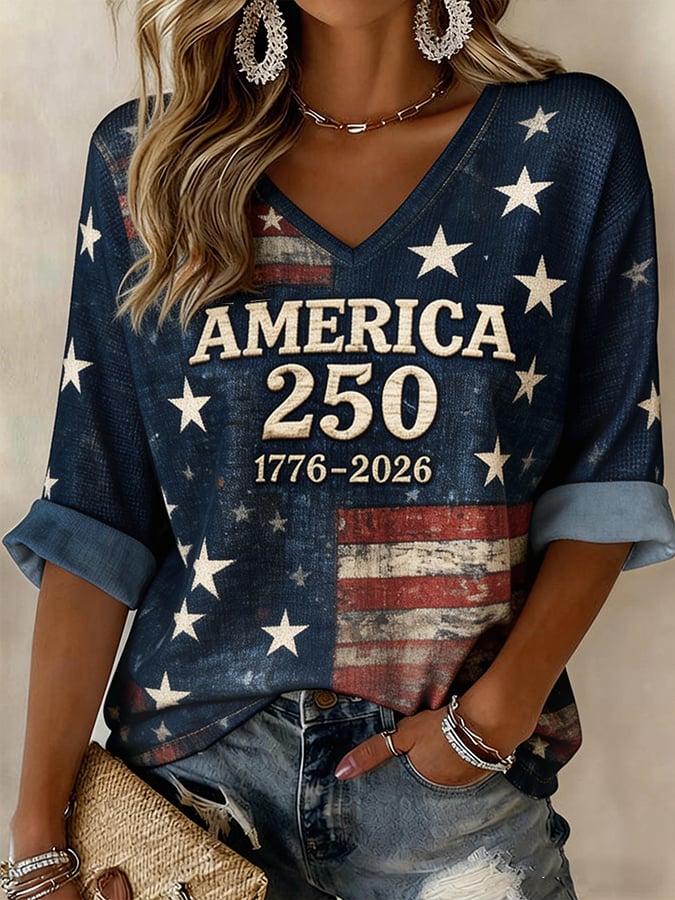 Women's American 250th V-neck Anniversary Art Print Casual Top