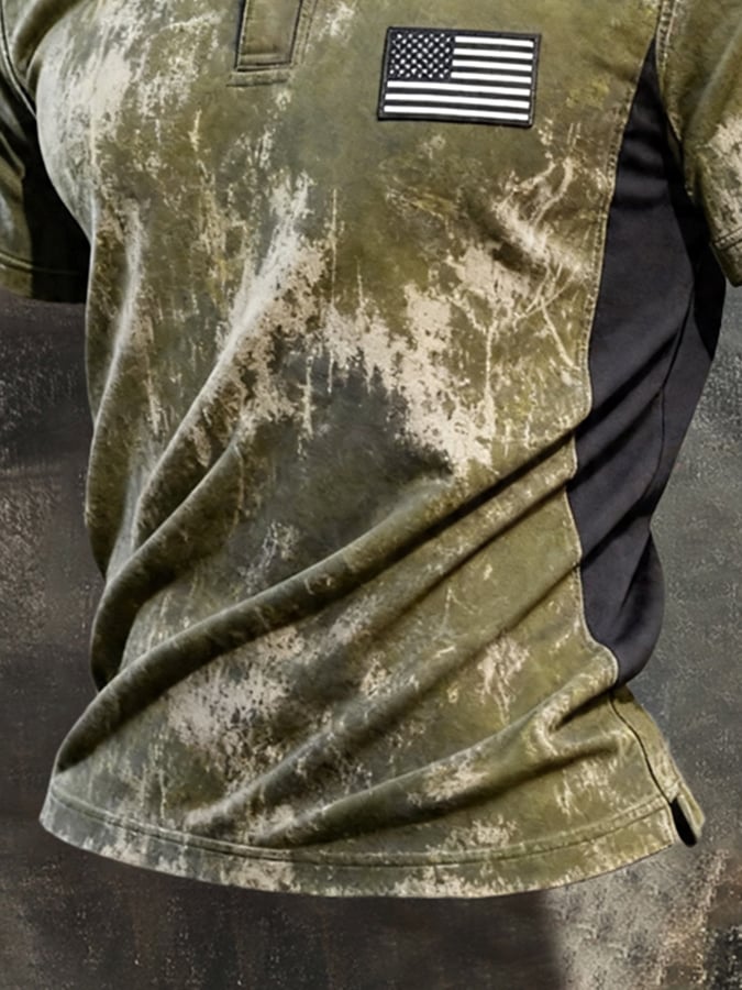 Men's Retro Color-Block Printed Short-Sleeve Polo Shirt