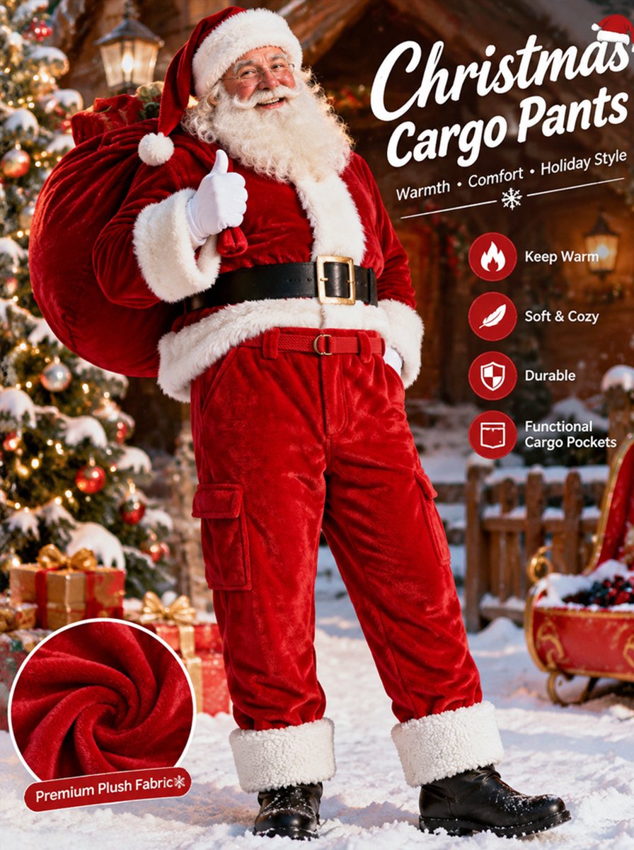 Men's Red Warm Plush Christmas Work Pants
