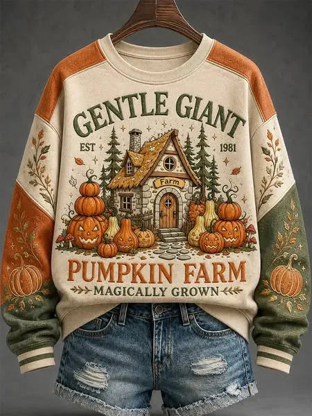 Women's Comfortable Pumpkin Farm Print Casual Sweatshirt