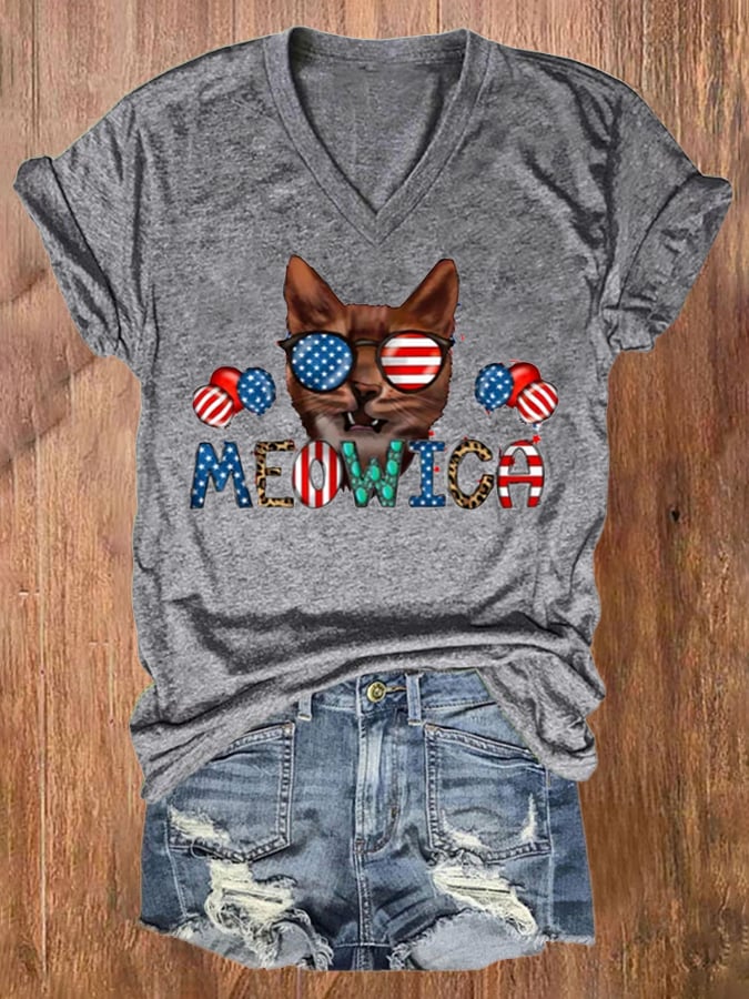 Women's Independence Day Cat Patriotic Vintage Print T-Shirt