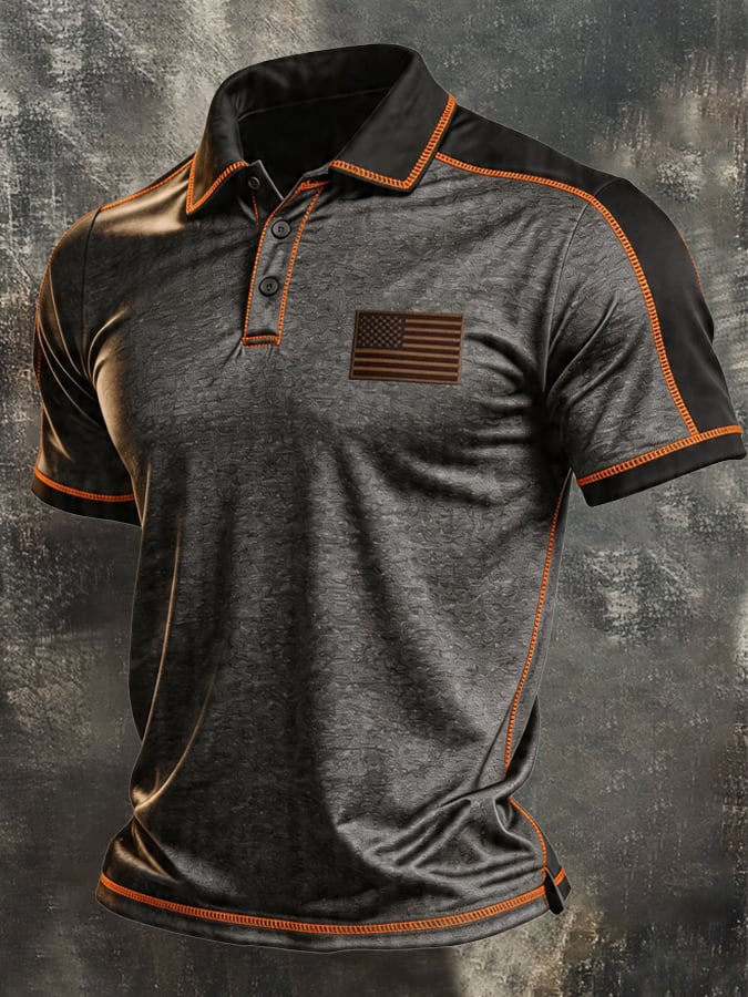 Men's Retro Patriotic Color-Block Short-Sleeve Polo Shirt