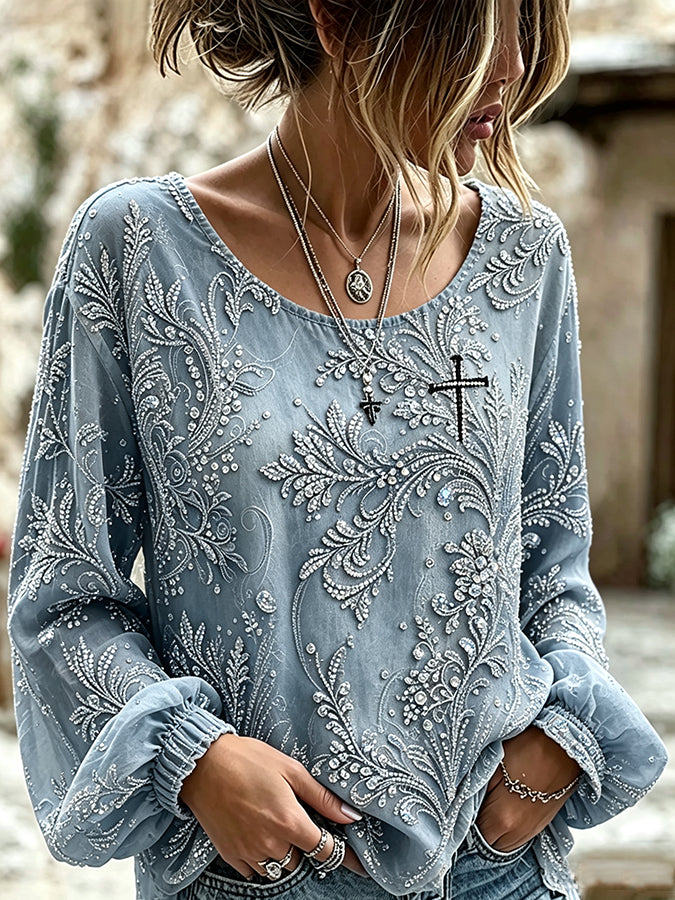 Women'S Floral Printed Casual Cotton And Linen Top