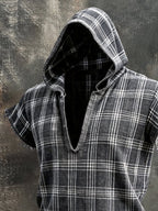 Men'S Retro Plaid, Color-Block, Frayed-Hem, Cotton-Linen, Hooded Short-Sleeve T-Shirt