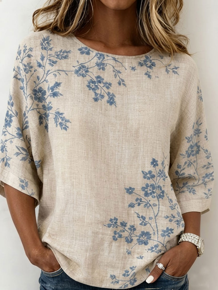 Women'S Casual Floral Print Cotton Linen Shirt