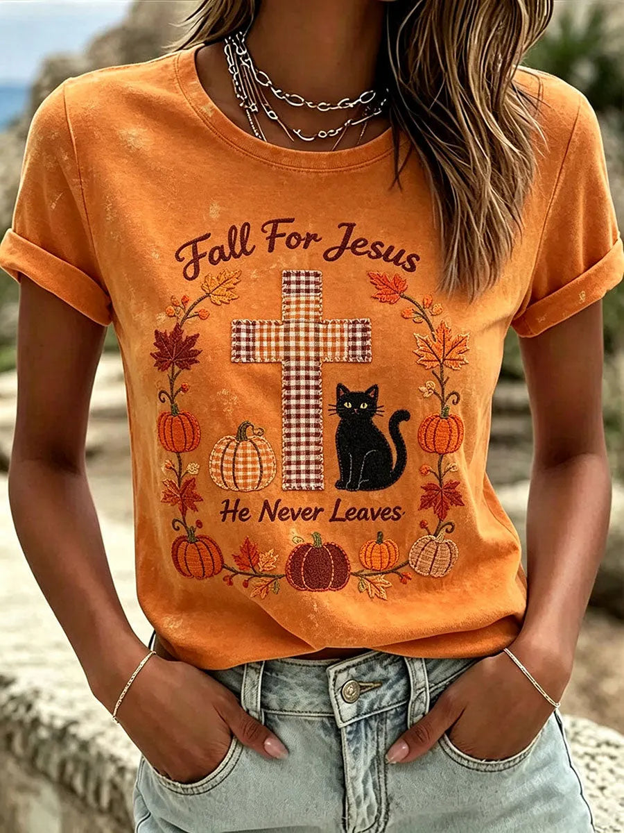 Women's Fall For Jesus He Never Leaves T-Shirt