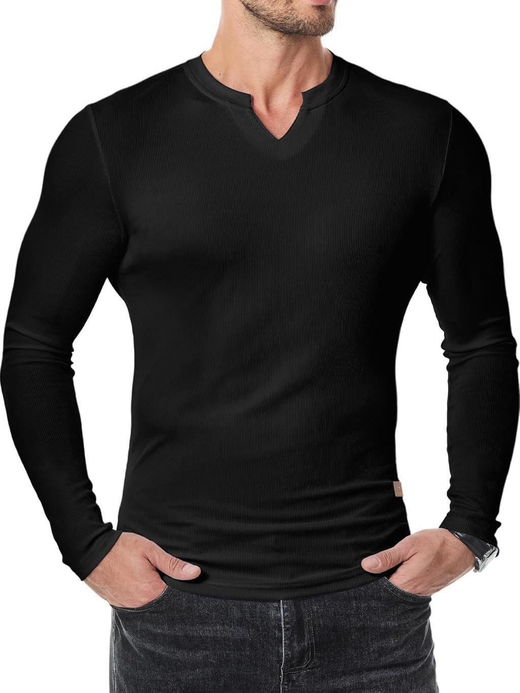 Men's Plain Casual Muscle Shirts for Men Slim Fitted T Shirt V-Neck Longline Ribbed Tees Shirts Long Sleeve Gym Workout Athletic Menswear Tops
