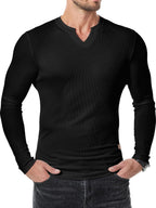 Men's Plain Casual Muscle Shirts for Men Slim Fitted T Shirt V-Neck Longline Ribbed Tees Shirts Long Sleeve Gym Workout Athletic Menswear Tops